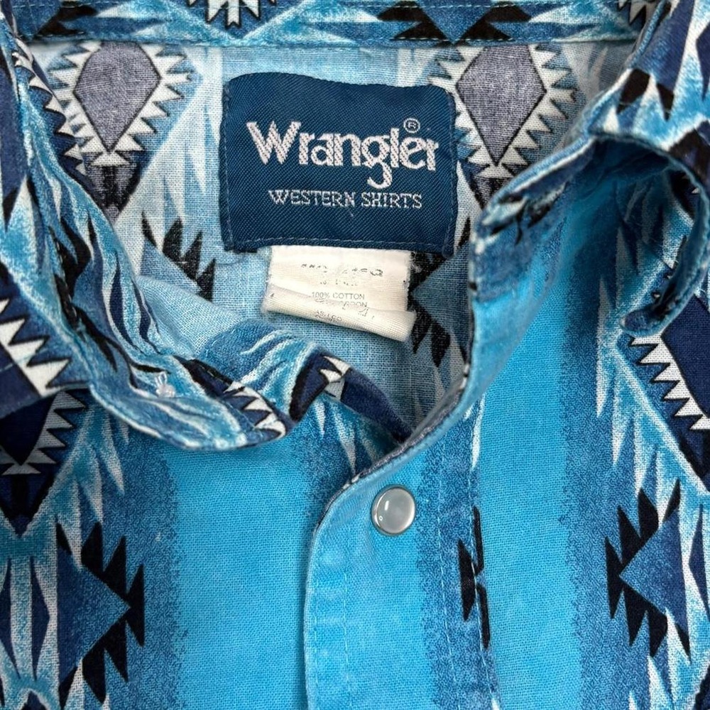 Wrangler Western Blue Aztec Geometric Diamond Pearl Snap Shirt Mens Size M - Picture 2 of 5
